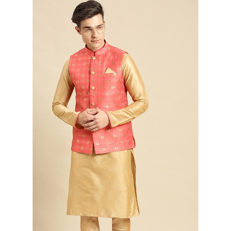 2 Pc Beige Silk Printed Kurta Jacket Set - JD986583928