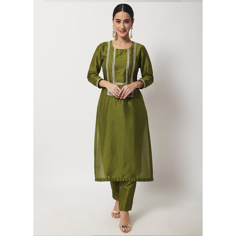 2 Pc Olive green Readymade Silk Kurti Set - JD986583944