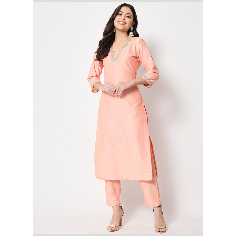 2 Pc Peach Readymade Cotton Kurti Set - JD986583955