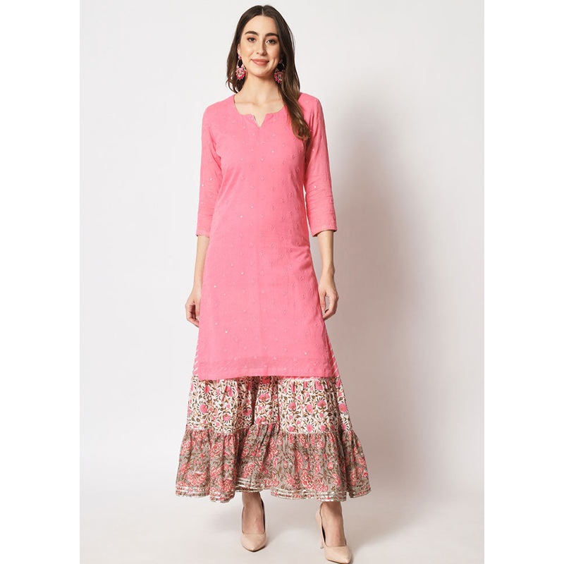2 Pc Pink Embroidered Cotton Kurti Set - JD986583956