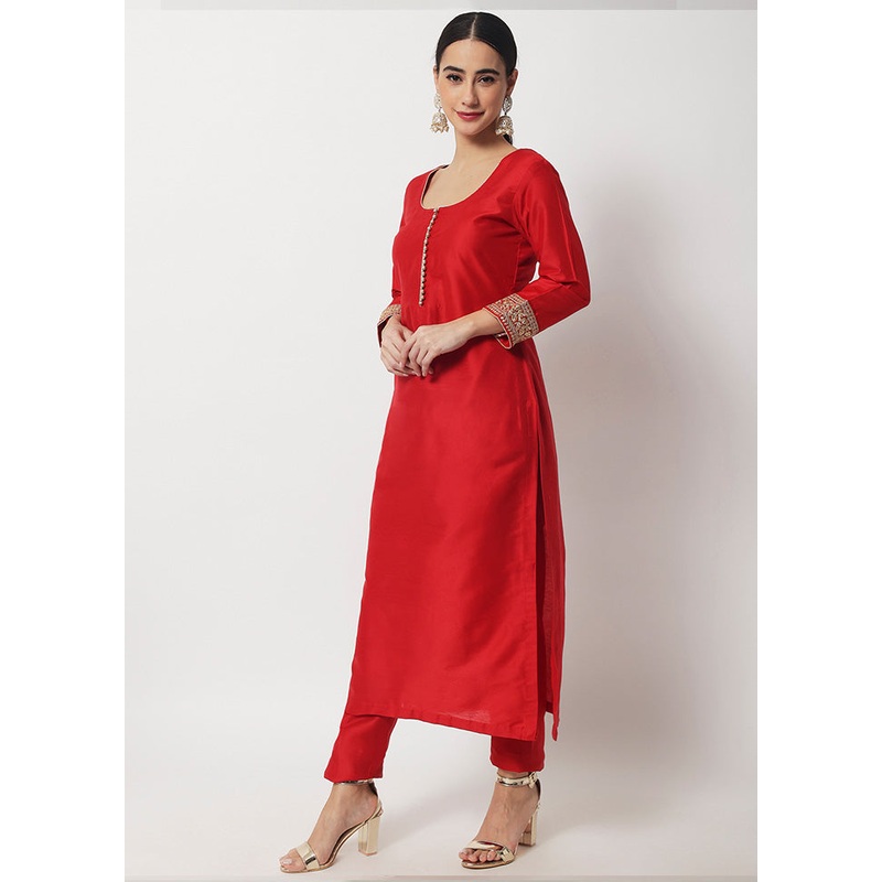 2 Pc Red Readymade Silk Kurti Set - JD986583945