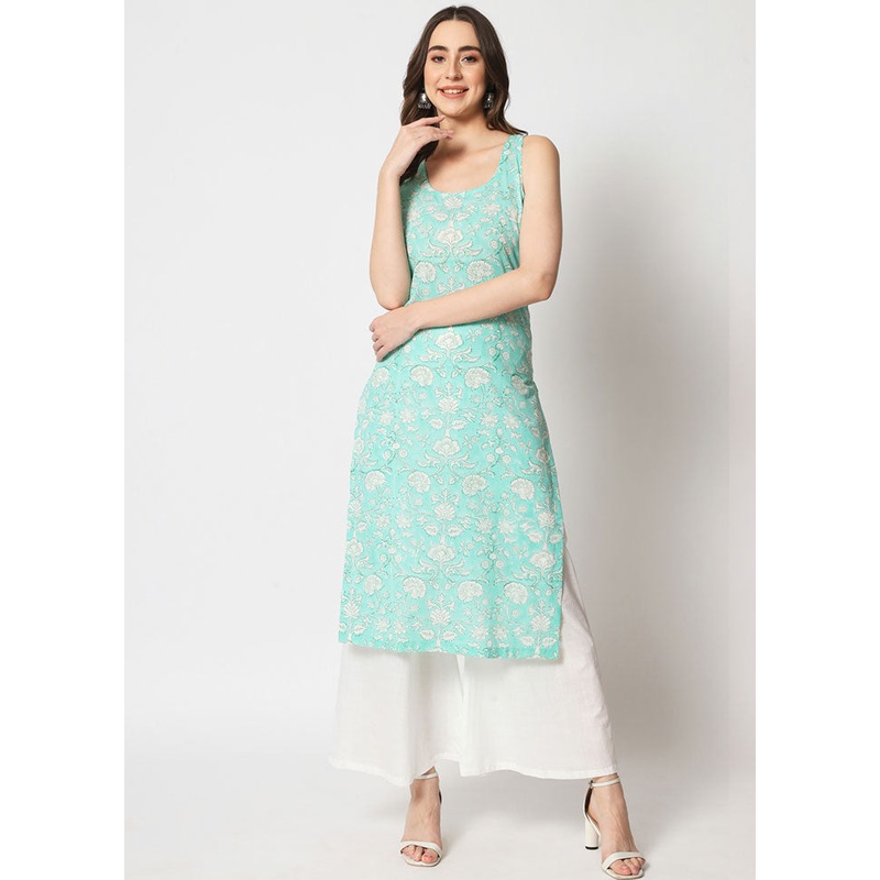 2 Pc Sky Blue Readymade Cotton Kurti Set - JD986583964