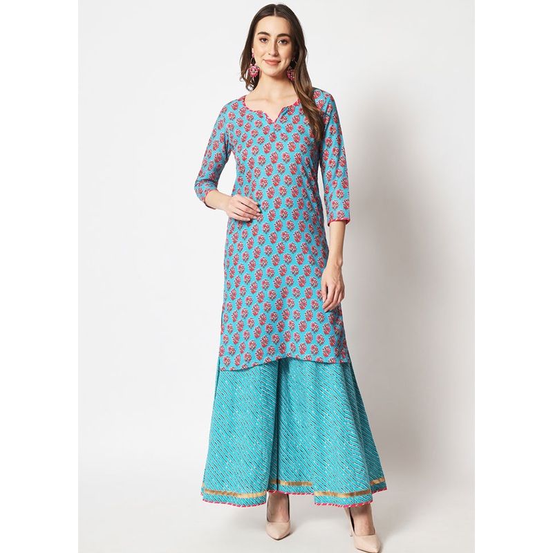 2 Pc Sky Blue Readymade Cotton Kurti Set - JD986583965