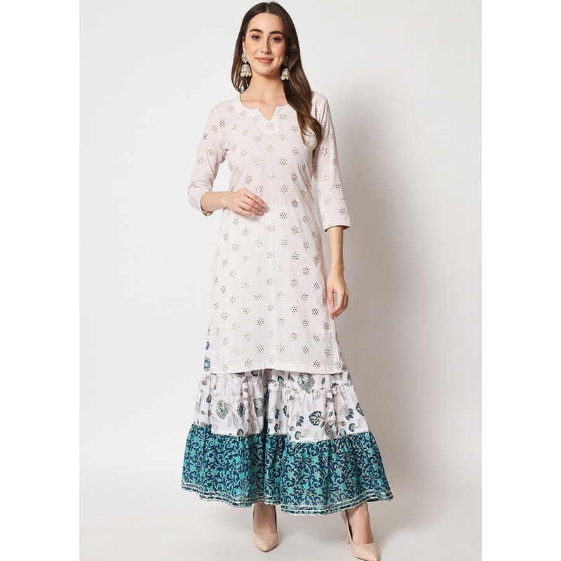 2 Pc White Embroidered Cotton Kurti Set - JD986583957