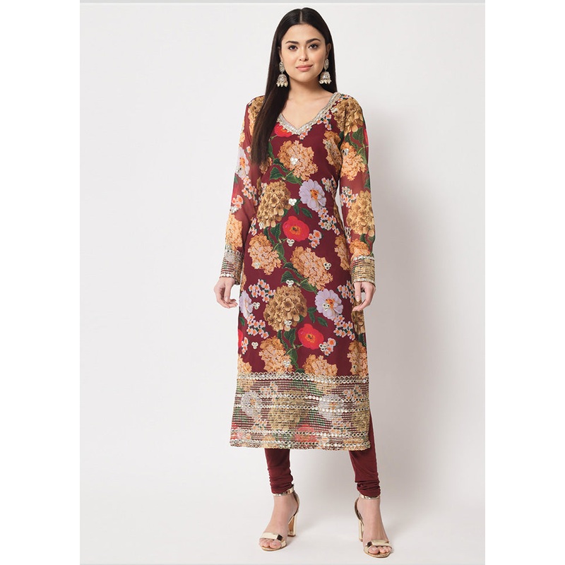 2 Pc Wine Readymade Georgette Kurti Set - JD986583953