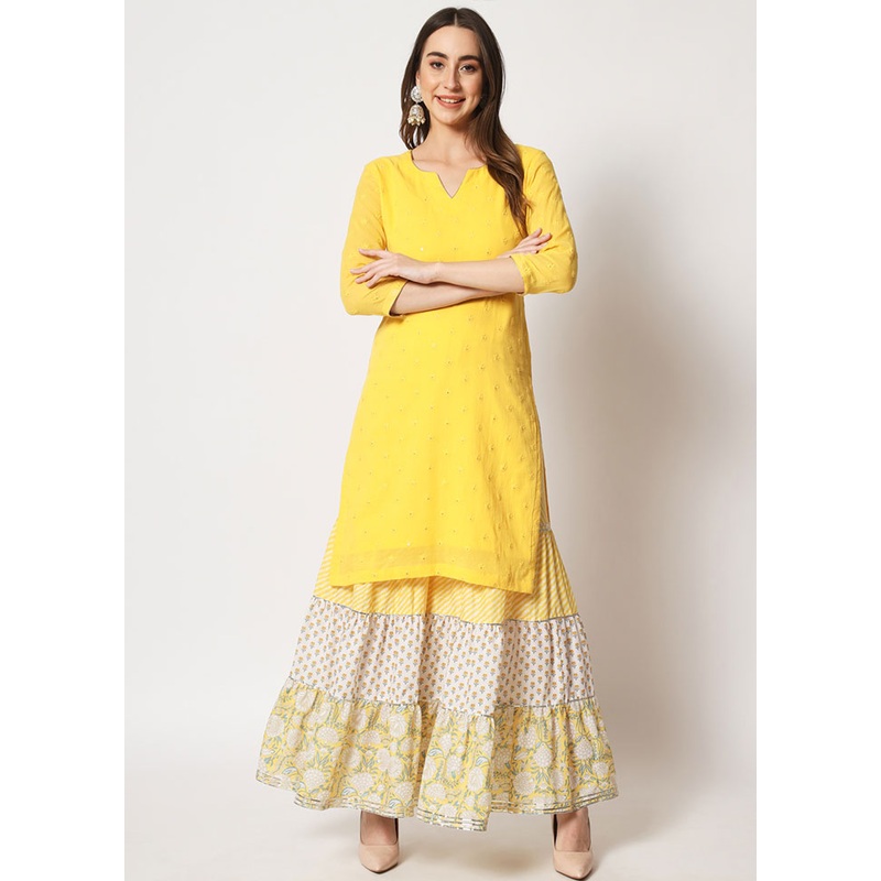 2 Pc Yellow Embroidered Cotton Kurti Set - JD986583958
