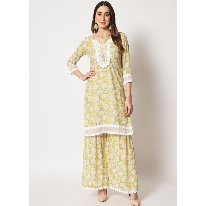 2 Pc Yellow Embroidered Cotton Kurti Set - JD986583959
