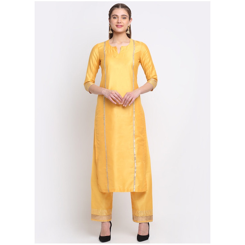 2 Pc Yellow Readymade Cotton Kurti Set - JD986583941