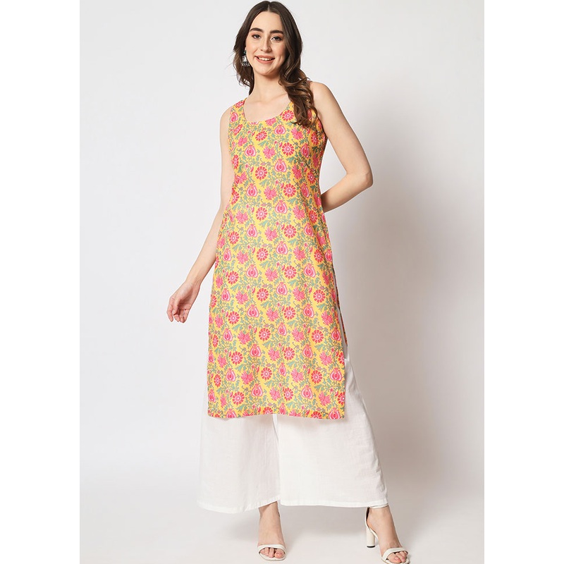 2 Pc Yellow Readymade Cotton Kurti Set - JD986583963