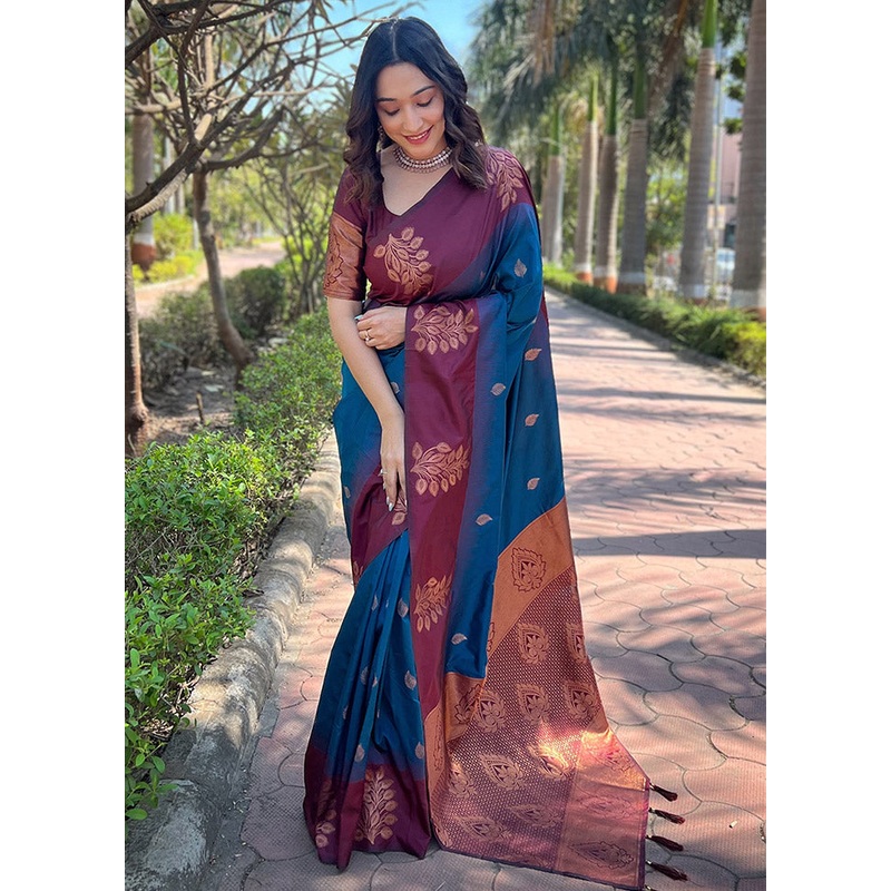 Blue Dupion Silk Saree With Blouse Piece - JD986583831
