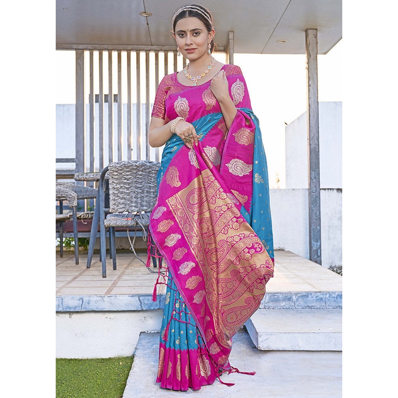 Blue Dupion Silk Saree With Blouse Piece - JD986583832