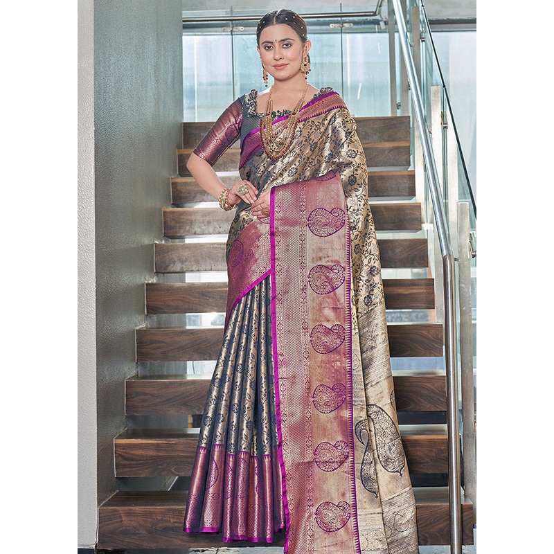 Blue Dupion Silk Saree With Blouse Piece - JD986583833