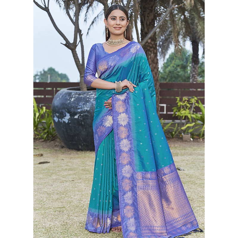 Blue Silk Saree With Blouse Piece - JD986583828