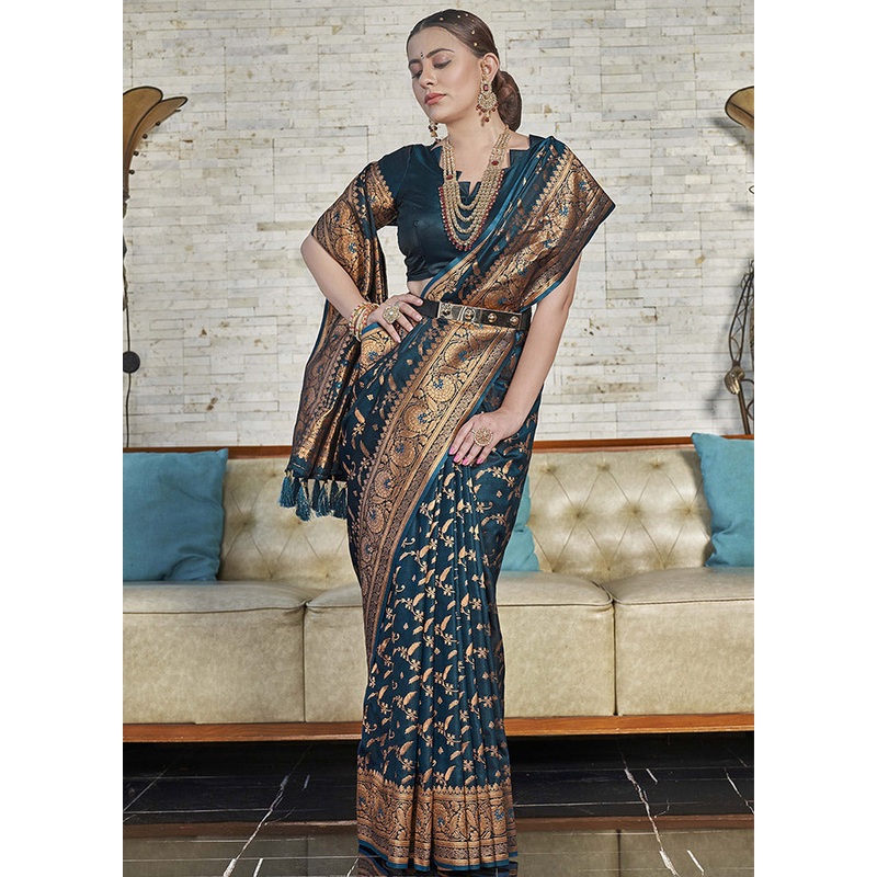 Dark Blue Silk Saree With Blouse Piece - JD986583824
