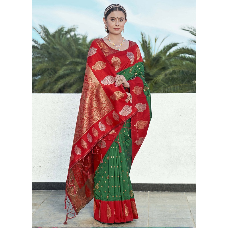 Dark Green Dupion Silk Saree With Blouse Piece - JD986583822