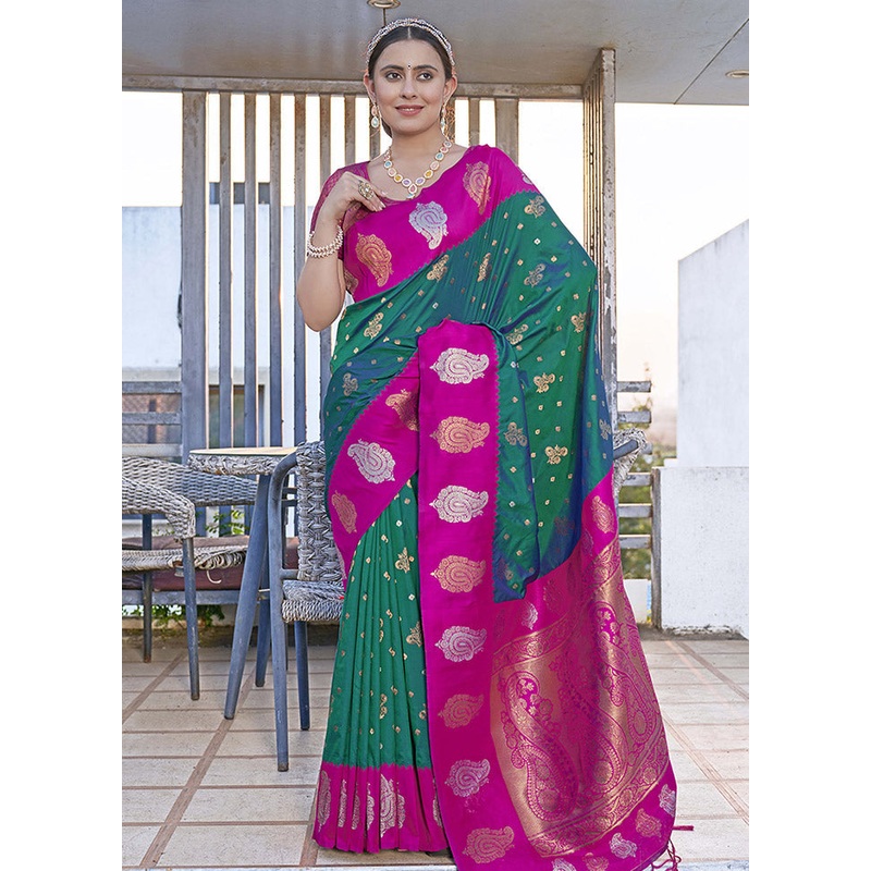 Dark Green Dupion Silk Saree With Blouse Piece - JD986583823