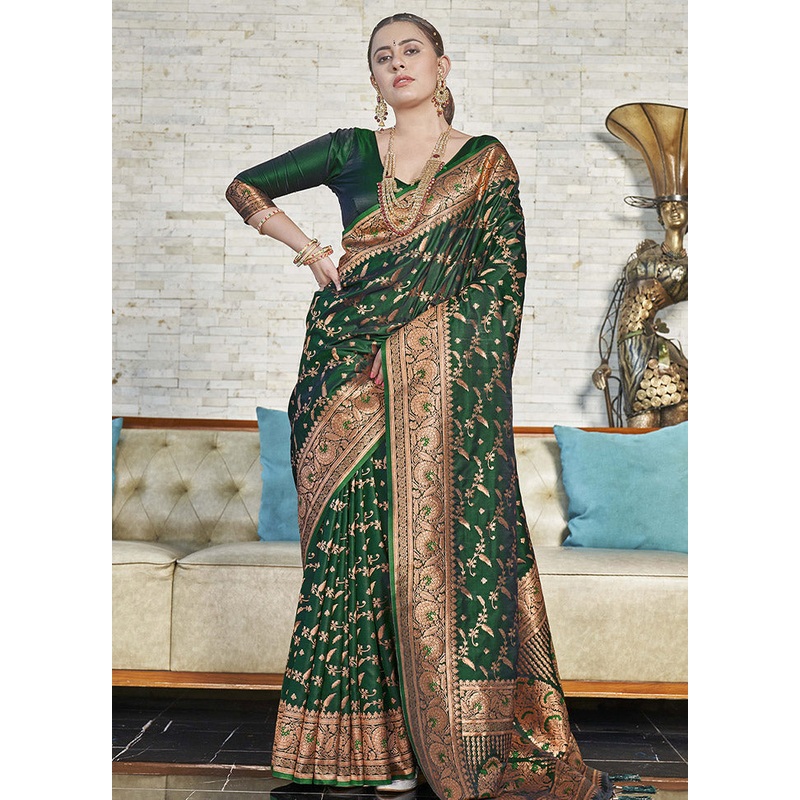 Dark Green Silk Saree With Blouse Piece - JD986583820