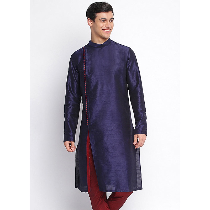 Deep Blue Woven Silk Solid Kurta - JD986583924