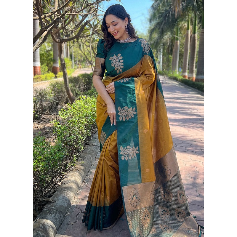 Gold Dupion Silk Saree With Blouse Piece - JD986583816