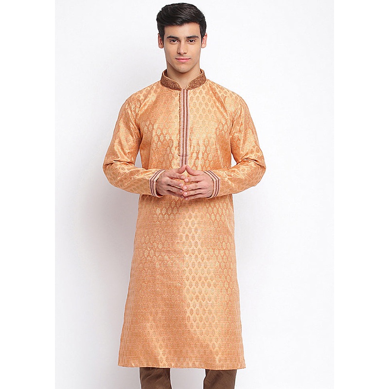 Golden Woven Silk Kurta - JD986583935