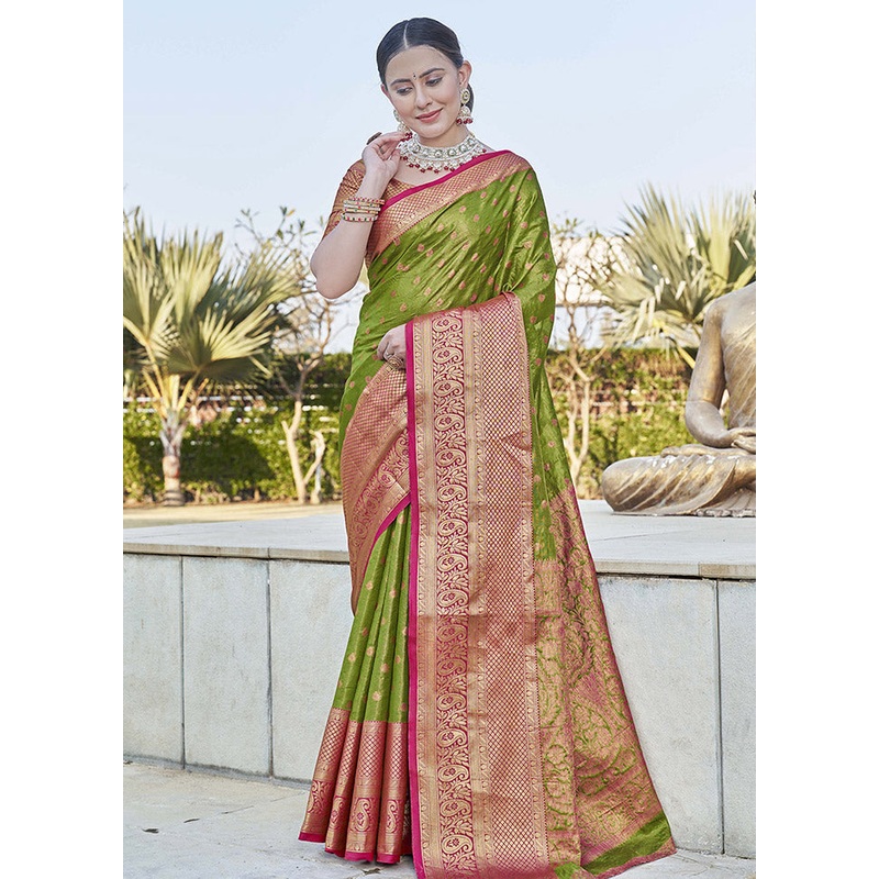 Green Dupion Silk Saree With Blouse Piece - JD986583814
