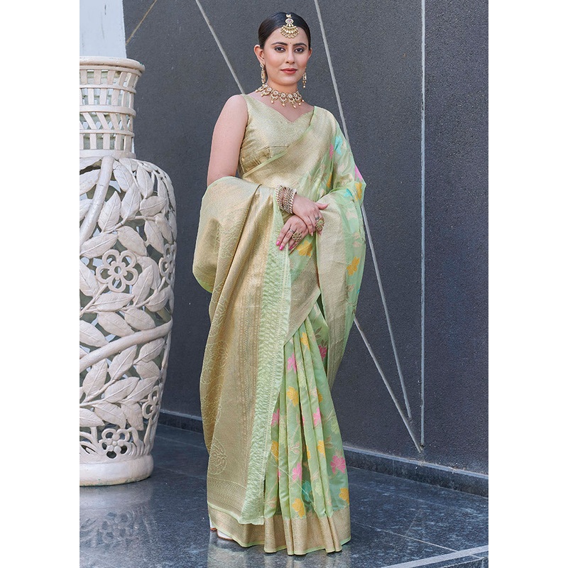 Green Organza Saree With Blouse Piece - JD986583813