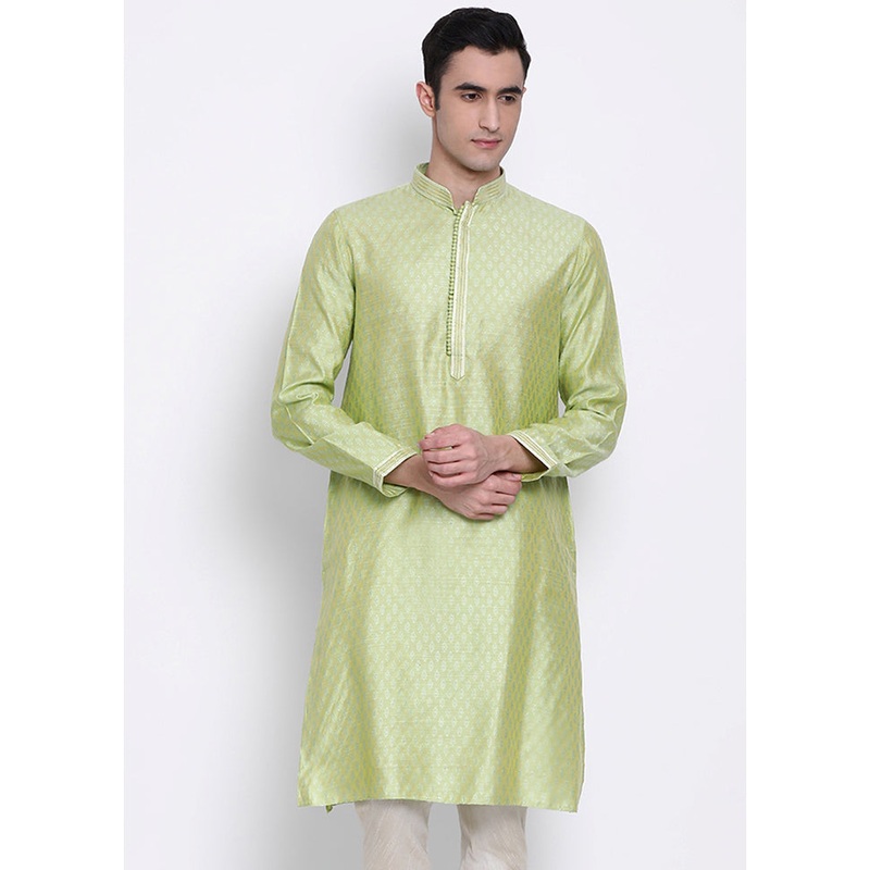 Green Woven Silk Kurta - JD986583930