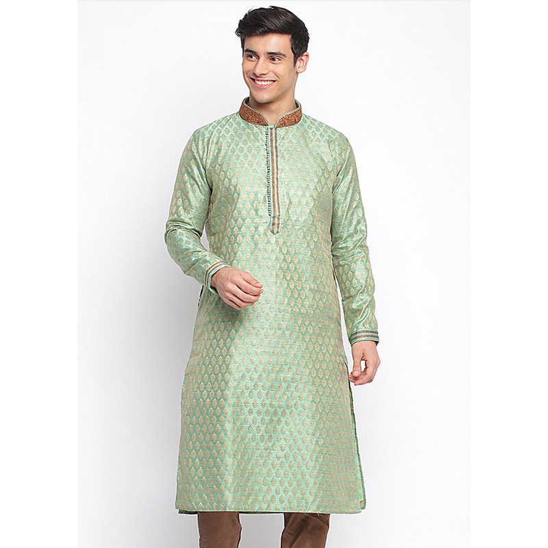 Green Woven Silk Kurta - JD986583934