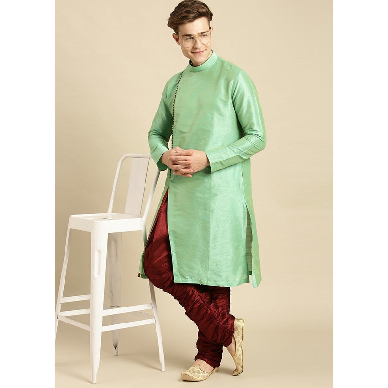 Green Woven Silk Solid Kurta - JD986583925
