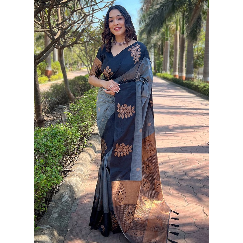 Grey Dupion Silk Saree With Blouse Piece - JD986583807