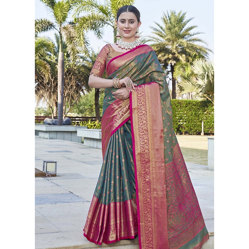 Grey Dupion Silk Saree With Blouse Piece - JD986583808