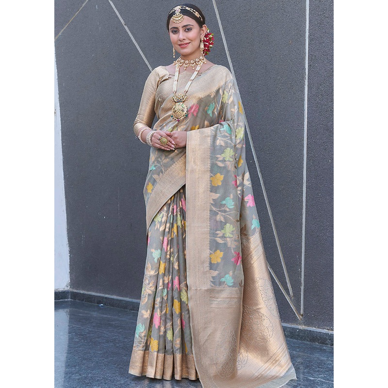 Grey Organza Saree With Blouse Piece - JD986583806