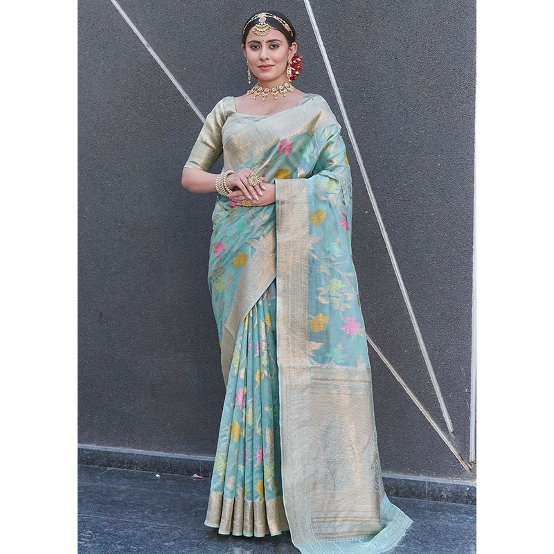 Light Blue Organza Saree With Blouse Piece - JD986583803