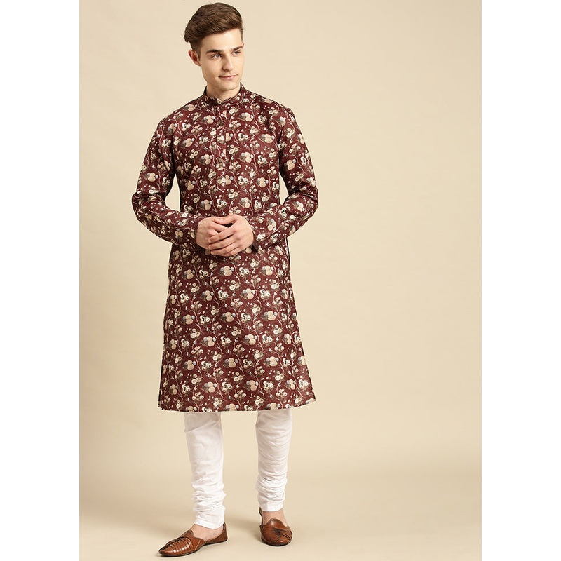 Maroon Printed Cotton Kurta - JD986583936