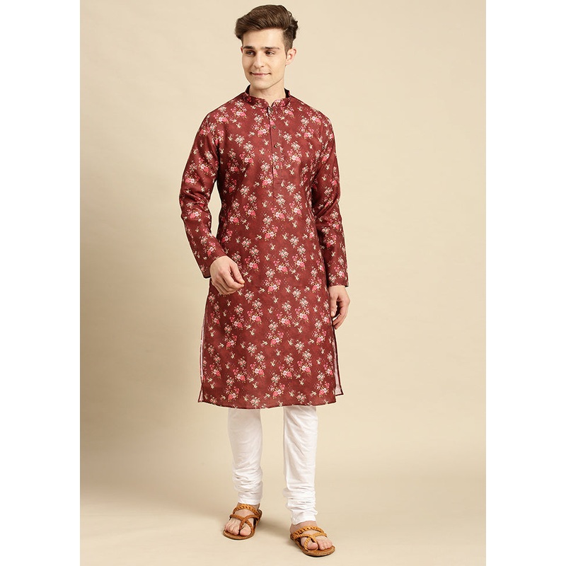 Maroon Printed Cotton Kurta - JD986583937