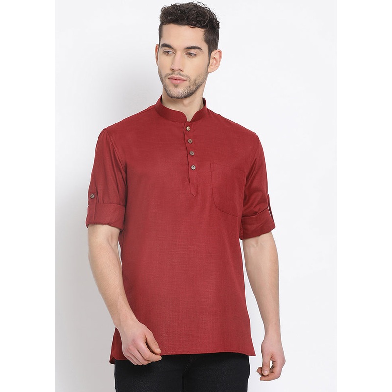 Maroon Solid Cotton Short Kurta - JD986583972