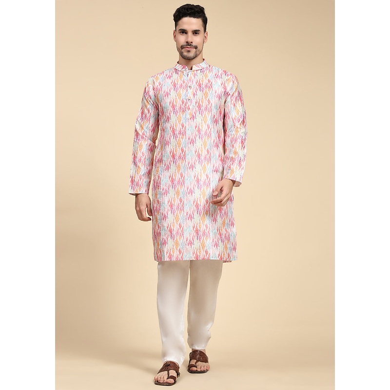 Multicolor Mandarin Collar Dupion Silk Kurta - JD986583971