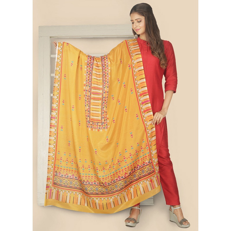 Mustard Tussar Silk Printed Dupatta - JD986583849