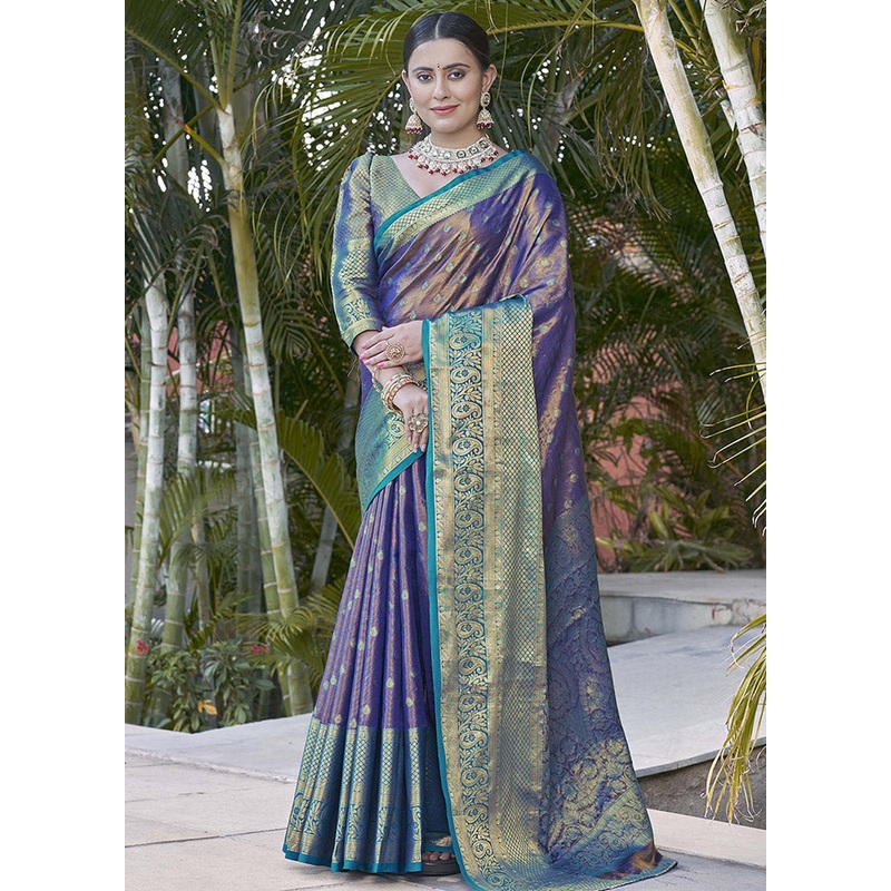 Navy Blue Dupion Silk Saree With Blouse Piece - JD986583795