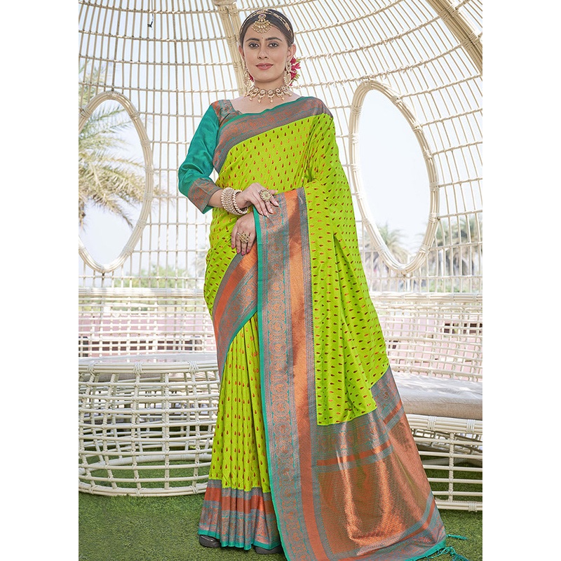 Parrot Green Silk Saree With Blouse Piece - JD986583793