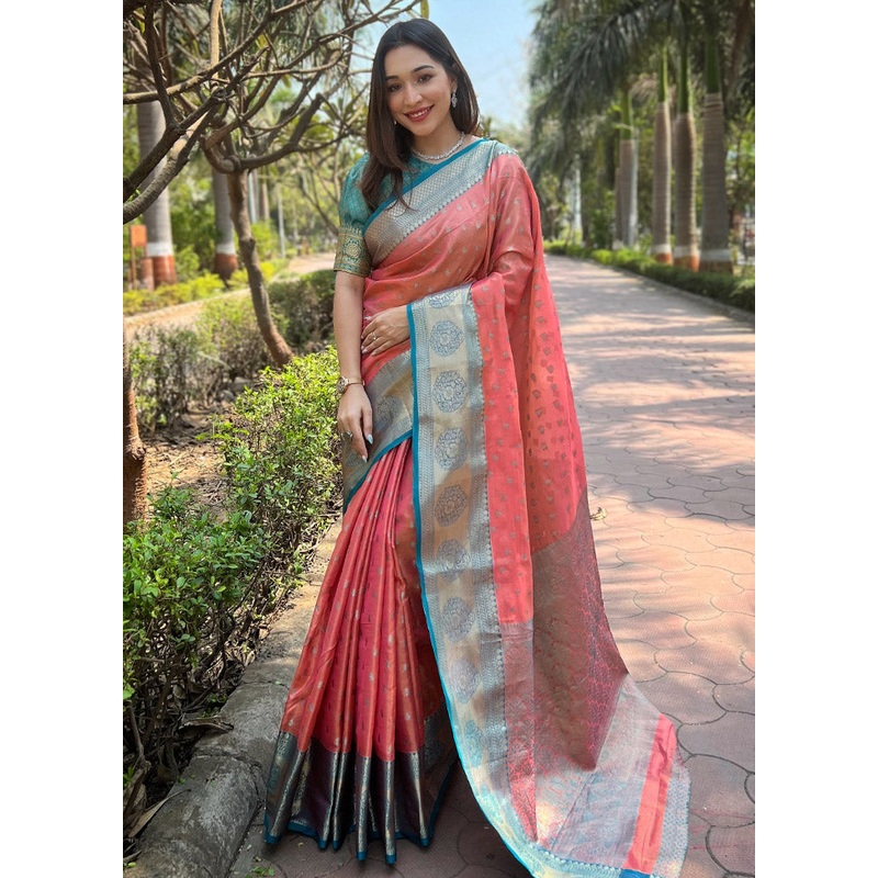 Peach Dupion Silk Saree With Blouse Piece - JD986583791