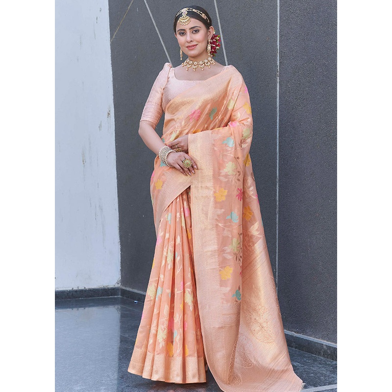 Peach Organza Saree With Blouse Piece - JD986583790