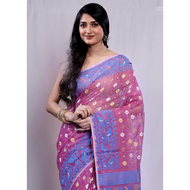 Purple Tant Jamdani Saree Without Blouse Piece - JD986583841