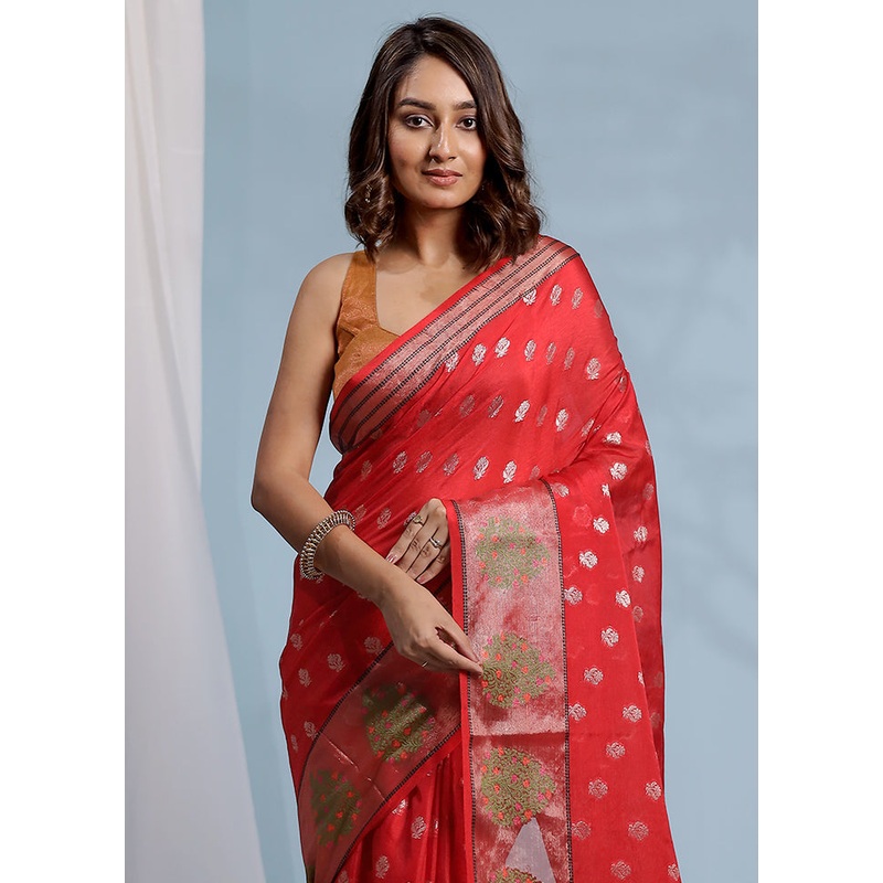 Red Dupion Silk Saree With Blouse Piece - JD986583835