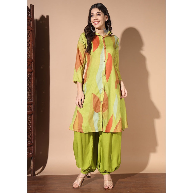 2 Pc Green Readymade Silk Kurti Set - JD986583573