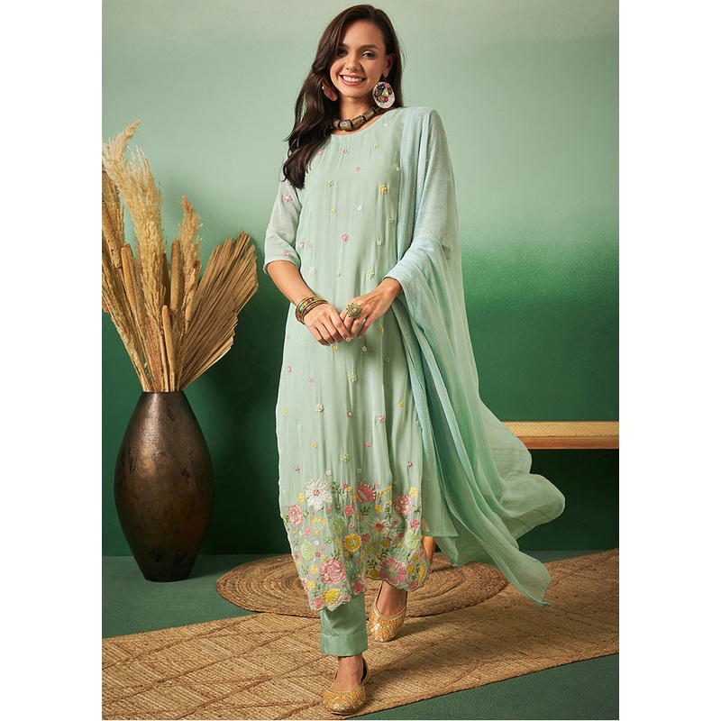 3 Pc Aqua Semi Stitched Georgette Suit Set - JD986583667