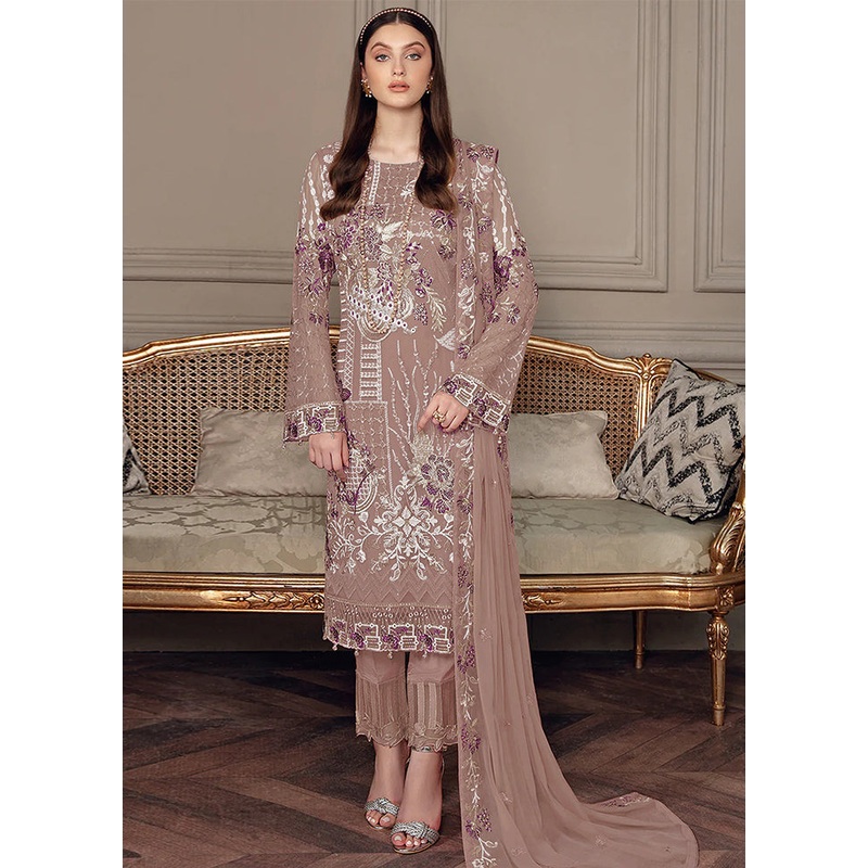 3 Pc Beige Semi Stitched Georgette Suit Set - JD986583666