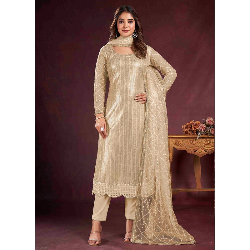 3 Pc Beige Semi Stitched Net Suit Set - JD986583665