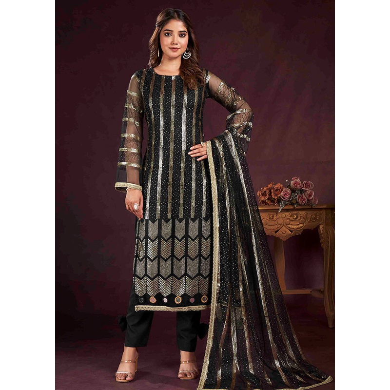 3 Pc Black Semi Stitched Net Suit Set - JD986583663