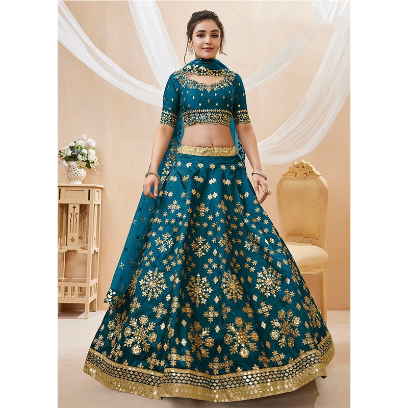 3 Pc Blue Silk Semi Stitched Lehenga Set - JD986583662